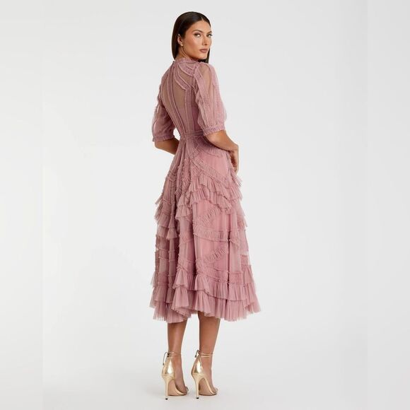 MAC DUGGAL 8058 Pink High Neck Micro Ruffle Tiered Midi Dress - Picture 8 of 16